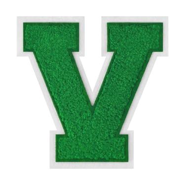 Imagem de 1 peça de patch de letra de chenille verde de 11,4 cm com borda branca – Remendos do alfabeto para roupas, jaquetas, mochilas, chapéus para decoração personalizada, nome personalizado e artesanato. (V