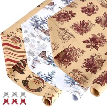 Imagem de EWES Conjunto de papel de embrulho vintage de Natal engraçado 3 rolos Papai Noel para crianças, lindos desenhos animados, gnomo grosso, folhas de embrulho para presente, exclusivo, reversível