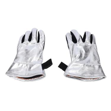 Imagem de Asixxsix Luvas de soldagem resistentes ao calor até 400°C, em tecido de alumínio e couro, com forro de borracha SBR de 2 mm, ideais para churrasqueiras e lareiras.
