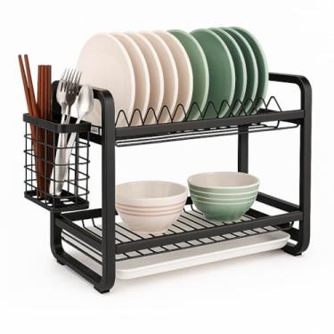Imagem de Escorredor de Louças 2 Andares em Aço com Porta-Talheres e Bandeja Coletora – 43x27x33,5 cm