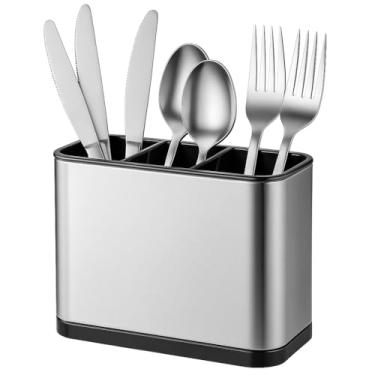 Imagem de Porta Talheres Inox com Drenagem | 4 Divisórias Antiderrapantes | Escorredor Compacto Organizador de Utensílios Premium para Pia