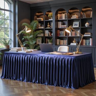 Imagem de Toalhas de mesa de cetim azul marinho retangulares 2,3 m, capas de mesa elásticas com glitter, sem rugas, comprimento até o chão, saia de mesa brilhante para casamentos, festas de chá de bebê