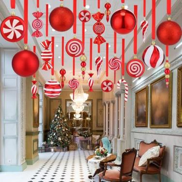 Imagem de Arrowbash 90 peças de enfeites de Natal para pendurar doces de Natal para teto, vermelho e branco, bengala doce, menta, espiral, pirulito, bolas à prova de estilhaçamento, decoração de árvore para