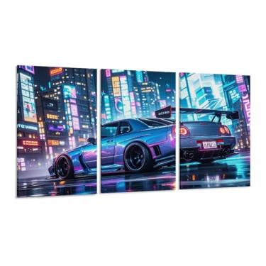 Imagem de HUIROBO Jdm Classic Sports Car R34 Neon City Poster Arte de Parede em Tela para Sala de Estar Quarto Decoração de Casa Escritório Pintura Pósteres (40 x 80 cm) × 3)