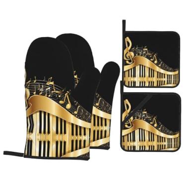 Imagem de Novel Music Note - Conjunto de luvas de cozinha impressas com suportes de tampa, luvas de forno resistentes ao calor para manusear panelas quentes, grelhar, churrascos, kit de 4 peças.