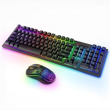 Imagem de MOOJAY Combo de teclado e mouse sem fio RGB retroiluminado, recarregável de 2,4 G, teclado para jogos sem fio, com fio, ergonômico, conjunto de mouse de modo duplo, para PC/laptop/Windows/Mac - preto