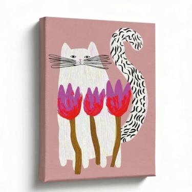 Imagem de Arte em tela de gato branco caprichoso com flores - 20 x 25 cm pintado à mão com estampa de gatos abstratos para quarto, sala de estar e berçário - Arte floral fofa de gato em tela