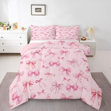 Imagem de jejeloiu Conjunto de edredom com laço rosa, solteiro, para crianças, meninos, meninas, com laço fofo, edredom coquete, laço, decoração de quarto, microfibra, 2 peças com 1 fronha