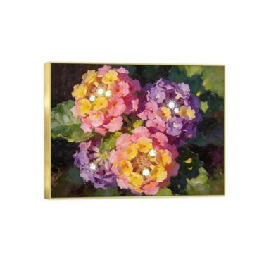 Imagem de Pintura de arte de parede de flores - imagem de decoração vintage - flores roxas e rosa - impressões em tela moldura dourada para sala de estar 50 x 65 cm 20 x 26 pol
