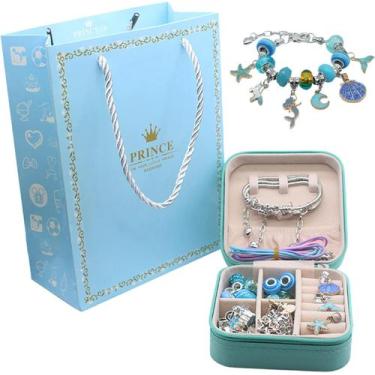 Imagem de Kit Berloque Verde Tiffany Pulseira Infantil 110pçs Com Porta Joias Li