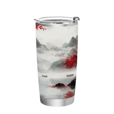 Imagem de STAYTOP Copo de aço inoxidável com pintura a tinta estilo chinês 590 ml, copo de café isolado com tampa e canudo, caneca de café de viagem de parede dupla para bebidas quentes e frias