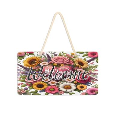 Imagem de Burbuja Placa de boas-vindas de Dia das Mães com flores para porta da frente, placa de boas-vindas de PVC para decoração de férias de casa de fazenda, 15 x 28 cm