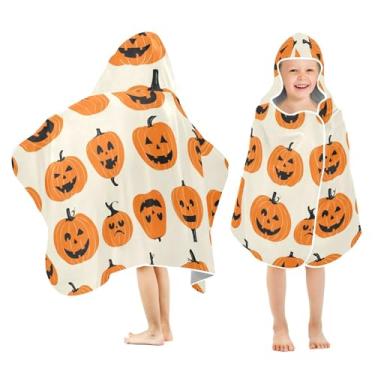 Imagem de Burbuja Toalha de banho com capuz laranja abóboras para crianças, toalha de praia de pelúcia macia absorvente para chá de meninas e meninos 3-10 anos, 61 x 127 cm