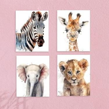 Imagem de 4 peças de decoração de parede de animais fofos, sem moldura, colorido, safári, animal, pintura, pôster, arte para paredes, adorável leão elefante decoração de parede, impressões modernas para quarto