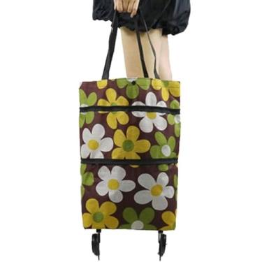 Imagem de Carrinho de Compras Dobrável com Rodinhas Bolsa Portátil Grande Capacidade Mercado Feira(Flor Marrom)