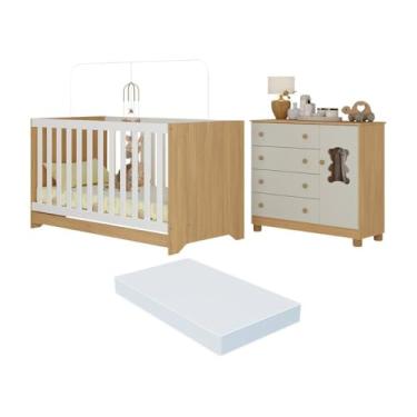 Imagem de Berço Americano 3 em 1 com Colchão Incluso e Cômoda 1 Porta 4 Gavetas Fofura Multimóveis Mp4732 Madeirado/off White