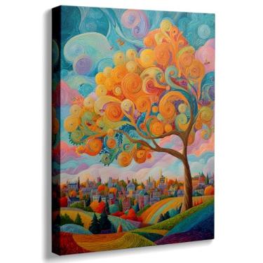 Imagem de Ypxzzj Arte de parede em tela de árvore abstrata colorida, design vibrante em espiral com paisagem urbana (40,6 cm x 61 cm)