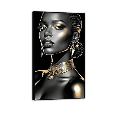 Imagem de Impressões de meninas negras para decoração de parede, pintura de mulher dourada, arte de mulher negra, arte de parede afro-americana, para sala de estar, banheiro, decoração de casa, moldura preta 30