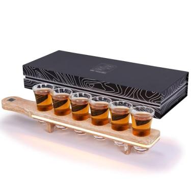 Imagem de Don Paragone Conjunto de 6 copos de shot, bandeja de servir a granel, luz LED e copo de shot - Copos de dose de tequila com suporte de madeira - Copos pequenos transparentes para restaurante, bar,