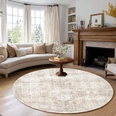 Imagem de FMFUNCTEX Tapete redondo lavável de 1,8 m, bege, vintage, neutro, desgastado, antiderrapante, para sala de estar, quarto, macio, tapete para interior, retrô, floral, para sala de jantar, escritório