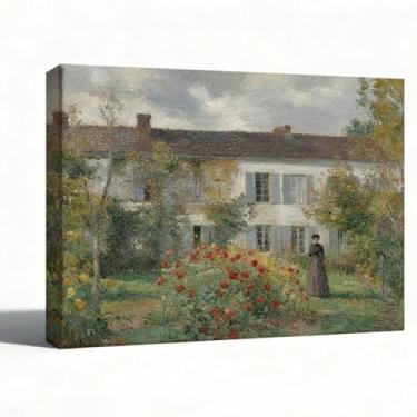 Imagem de Arte de parede em tela, paisagem de jardim de propriedade rural, casa e flores impressionistas, decoração de parede rústica vintage, impressão de pintura a óleo embrulhada em galeria, pronta para