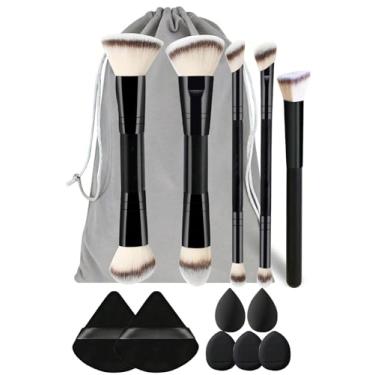 Imagem de Conjunto de 5 pincéis de maquiagem profissionais pretos Duo-Head com 2 esponjas de pó, 5 esponjas de maquiagem e 1 bolsa de tecido de pincel