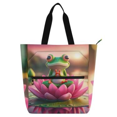 Imagem de GAIGEO Bolsa feminina divertida de lótus de sapo para trabalho, bolsa de lona, faculdade, escola, carteiro, carteiro, amantes de livros