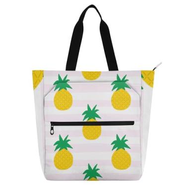 Imagem de Sacola de trabalho listrada rosa de abacaxi amarelo para mulheres, bolsas de tecido de lona, faculdade, escola, utilitário, escritório, livros, presente para amantes de livros