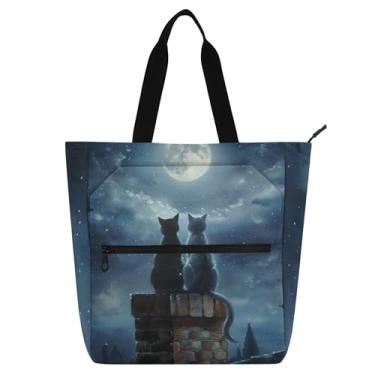 Imagem de GAIGEO Sacola feminina pintura gatos lua noite para trabalho lona faculdade escola bolsas de mão todos os dias com compartimentos