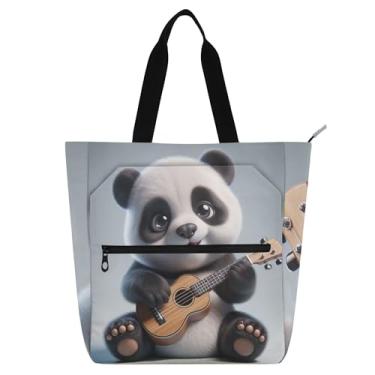 Imagem de Bolsa de trabalho feminina com urso ukulele panda de lona com zíper bolsa de praia utilitária bolsas infantis para amantes de livros presentes