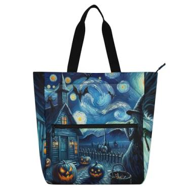 Imagem de Bolsa feminina de Halloween com estampa de bruxa estrelada, bolsa de trabalho de lona, praia, para livros, com zíper, utilitária, para crianças, para amantes de livros, presentes