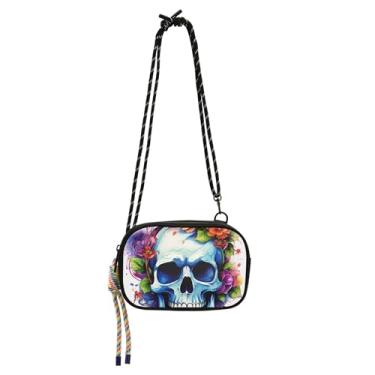 Imagem de TSENQUE Bolsa feminina com estampa de caveira de flor, pequena, bolsa tiracolo para celular, casual, fofa, bolsas de ombro