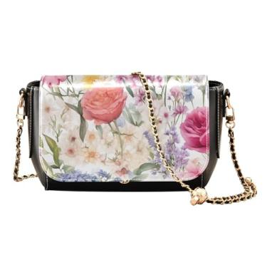 Imagem de Rosas vermelhas aquarela em bolsa transversal branca com alça de corrente, presentes de couro para mulheres, Flores vintage floral aquarela - 3, One Size