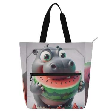 Imagem de GAIGEO Bolsas de trabalho engraçadas para mulheres com hipopótamo, melancia, lona, praia, escola, presente de viagem, para amantes de livros
