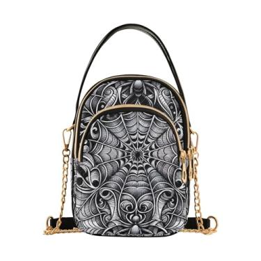 Imagem de Bolsas de ombro para cães com corações e ossos com alça superior bolsas femininas de couro, Teias de aranha de Halloween cinza, One Size