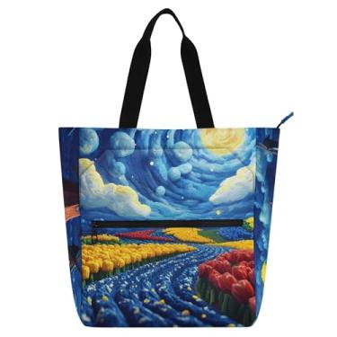 Imagem de GAIGEO Bolsas de trabalho para pintura de campo de tulipas vibrantes para mulheres, bolsa de lona com zíper, bolsa de praia utilitária para escritório com compartimentos