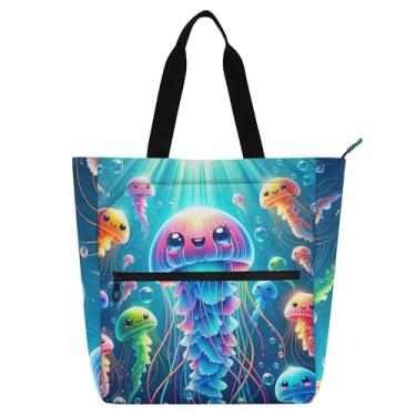 Imagem de Bolsa de trabalho feminina divertida colorida de água-viva com zíper, bolsa de praia, bolsas infantis fofas, presente para amantes de livros