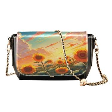 Imagem de Bolsa tiracolo feminina de couro com duas flores pintadas, bolsa de ombro feminina, bolsas de couro transversais para mulheres, Girassóis são laranja-1, One Size
