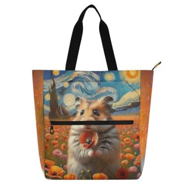 Imagem de GAIGEO Linda bolsa de trabalho noturna estrelada com flor de hamster para mulheres, bolsa escolar de lona com zíper, presente fofo para amantes de livros