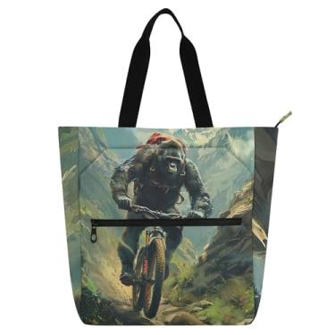 Imagem de Bolsa de trabalho feminina Gorilla Riding Bike Scene Tote Canvas Beach Book Tote com zíper bolsas femininas infantis presentes para amantes de livros