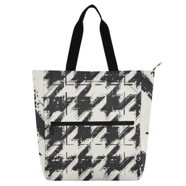 Imagem de Grunge Brush Houndstooth Bolsa feminina preta para trabalho, lona, praia, escola, bolsa de mão de professor com compartimentos