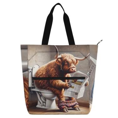 Imagem de Bolsas de trabalho engraçadas de vaca Highland para mulheres, bolsas de tecido de lona, faculdade, escola, uso diário, presente para amantes de livros