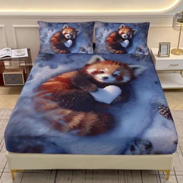 Imagem de AILONEN Jogo de lençol casal de panda vermelho, estampa kawaii, panda vermelho, com 2 fronhas, 3 peças, animais selvagens de inverno fofo para meninos e meninas