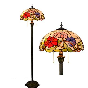 Imagem de Luminária de chão estilo Tiffany de 40 cm (16"), 2 soquetes E27, luminária de chão artesanal em vitral com base em resina antiga, luminária de coluna para sala de estar/quarto, abajur Mornin