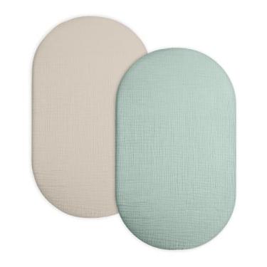 Imagem de Pacote com 2 lençóis de berço para bebês, meninos, meninas, retangular, oval, ampulheta, cesta de musselina (bege e sálvia, lençol de berço)