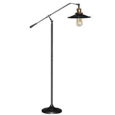 Imagem de Luminária de chão vintage artesanal, clássica, preta, com estrutura de metal polido, vertical e com cabeça ajustável. Ideal para leitura em ambientes internos, como quarto, sala de estar e e