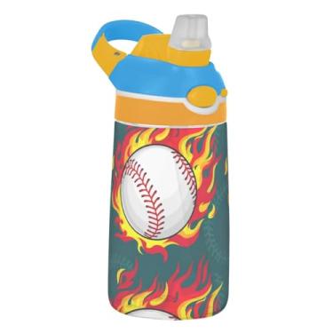 Imagem de Flaming Baseballs Garrafa de água infantil legal para escola, 473 ml, 473 ml, garrafa de água esportiva Tritan com canudo, copo reutilizável para crianças, portátil, alça de transporte