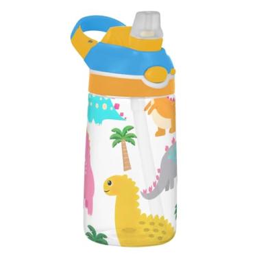 Imagem de Garrafa de água fofa de dinossauros coloridos para crianças 473 ml Tritan garrafa de água de plástico à prova de vazamento com tampa de canudo 473 ml copo de viagem infantil portátil reutilizável