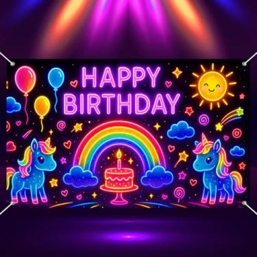 Imagem de BlissYard Banner neon feliz aniversário 178 x 109 cm brilhante decoração de festa unicórnio arco-íris balões de sol design de bolo para crianças aniversário cabine de fotos decorações de pano de fundo