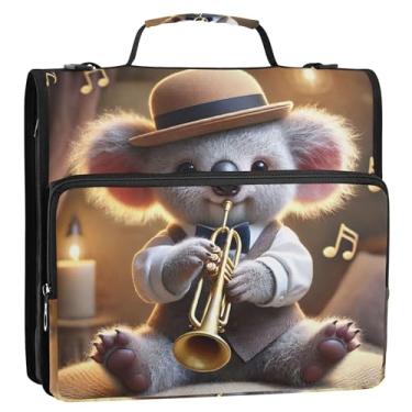 Imagem de 3 fichários de 3 anéis de 3,8 cm anel D vintage coala trompetista impressão zip up fichário organizador pasta de portfólio de armazenamento com alça de ombro para escola